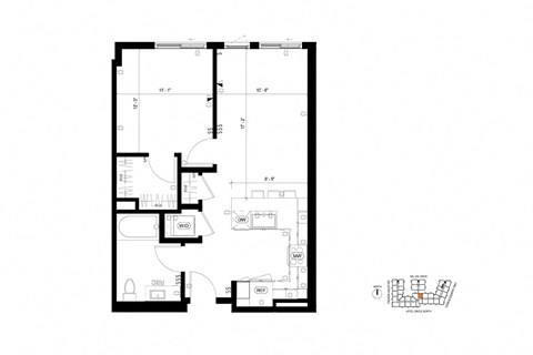 Floor plan for 1 bed, 1 bath, 710 sqft